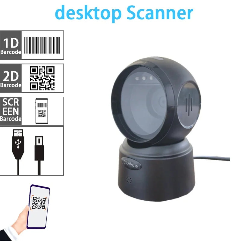 Omnidirectional 1D/2D QR Desktop Scanner – Hands-Free USB Plug & Play