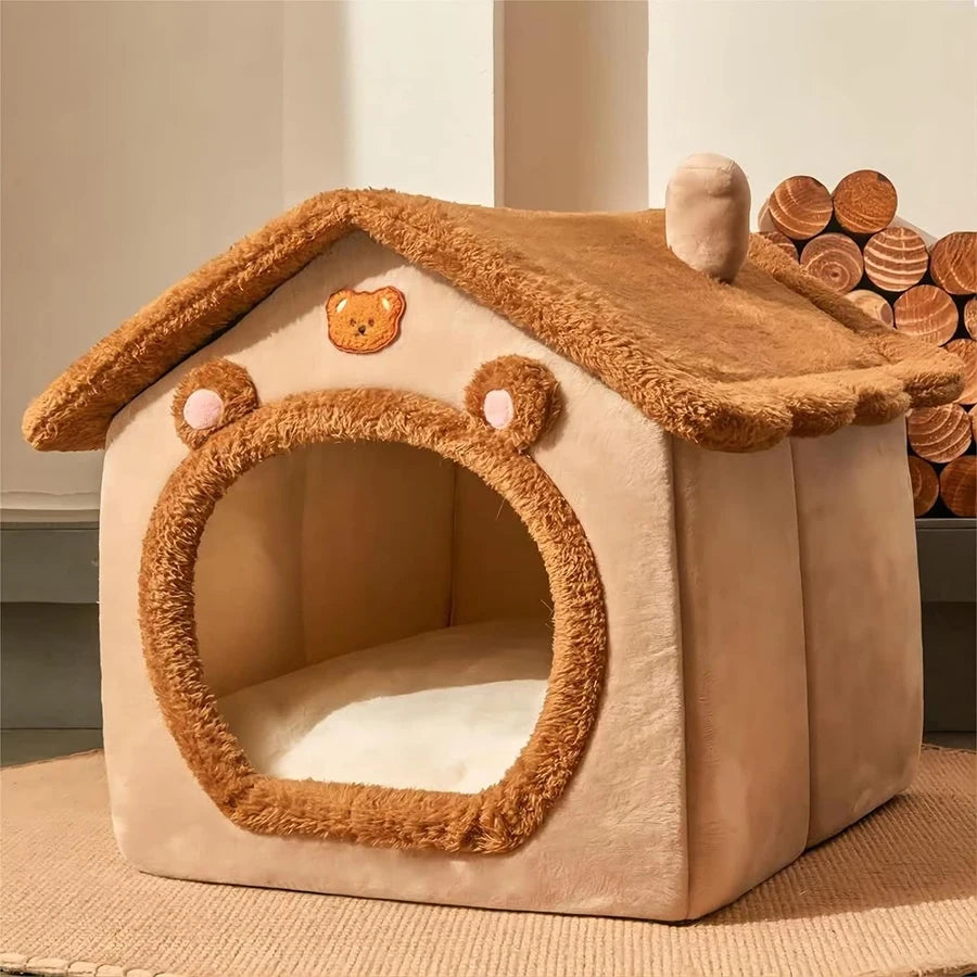 Foldable Cat and Dog Bed House with Washable Cushion for Small Pets