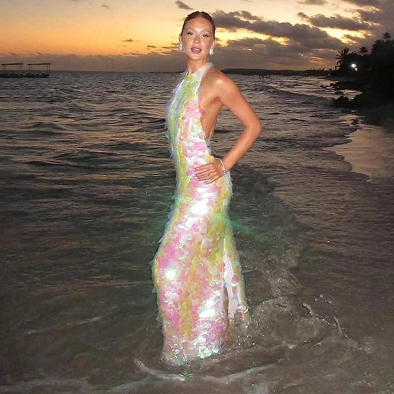 Chic Shining Sequin Maxi Dress – Backless Halter Beach Dress