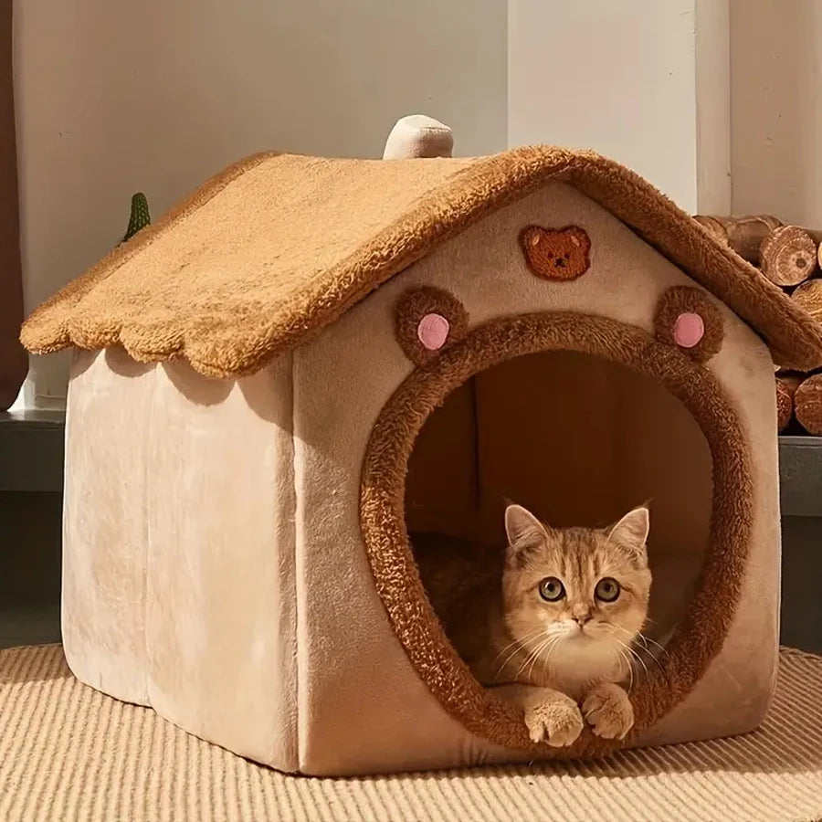 Foldable Cat and Dog Bed House with Washable Cushion for Small Pets