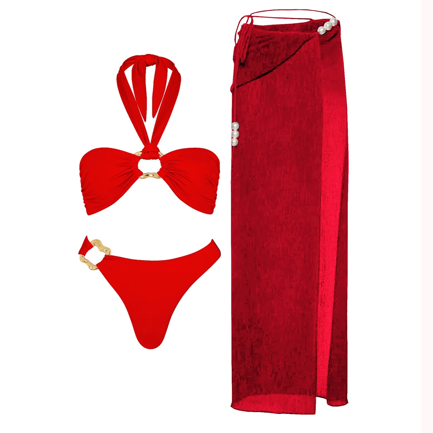 3Pcs White Pearl Bikini Set with Cover-Up