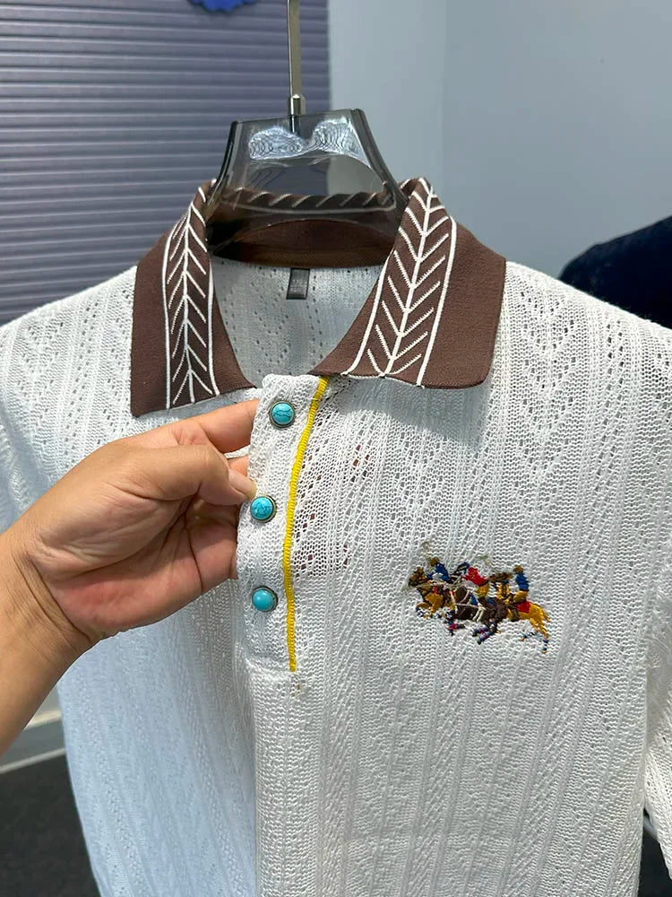 Luxury Hollow Jacquard Embroidered Men's Polo