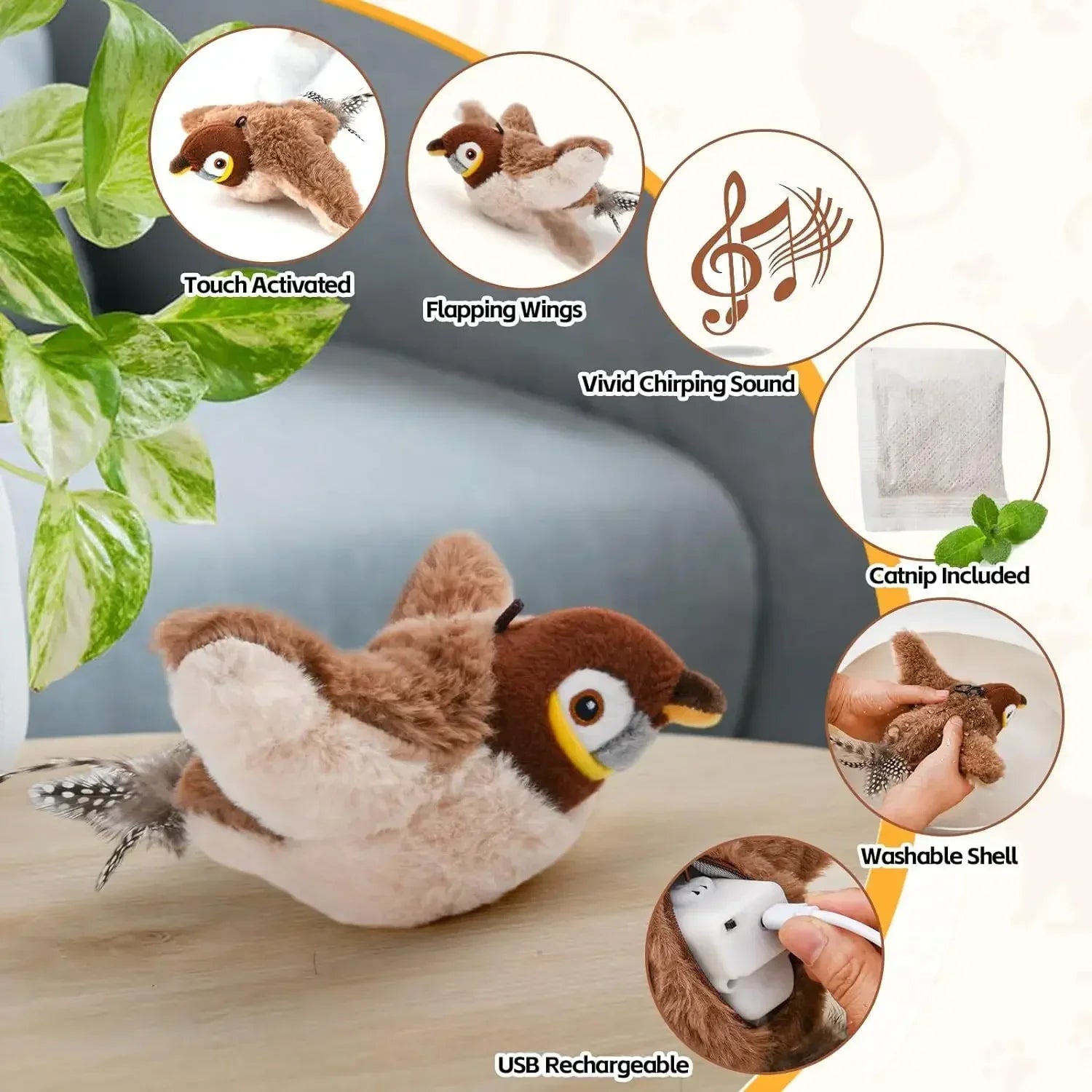 USB Rechargeable Catnip Bird Toy for Cats – Interactive Squeaky Plush
