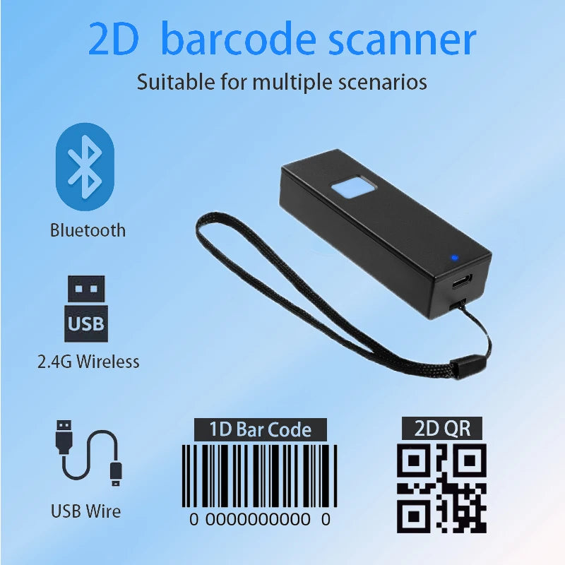 Portable Mini Bluetooth Barcode Scanner – 2D QR Code Reader with USB
