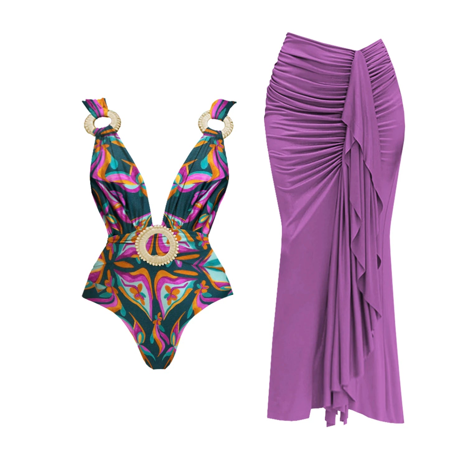 Deep V-Neck Swimsuit with Skirt – Sexy Cut-Out Push-Up Bikini