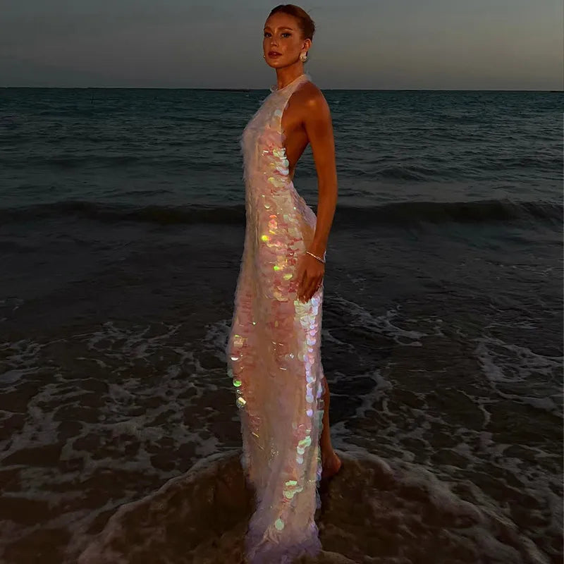 Chic Shining Sequin Maxi Dress – Backless Halter Beach Dress